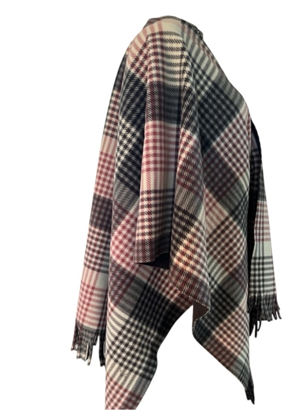 RACHEL Rachel Roy Pink & Gray Plaid Fringe Poncho - Picture 3 of 6